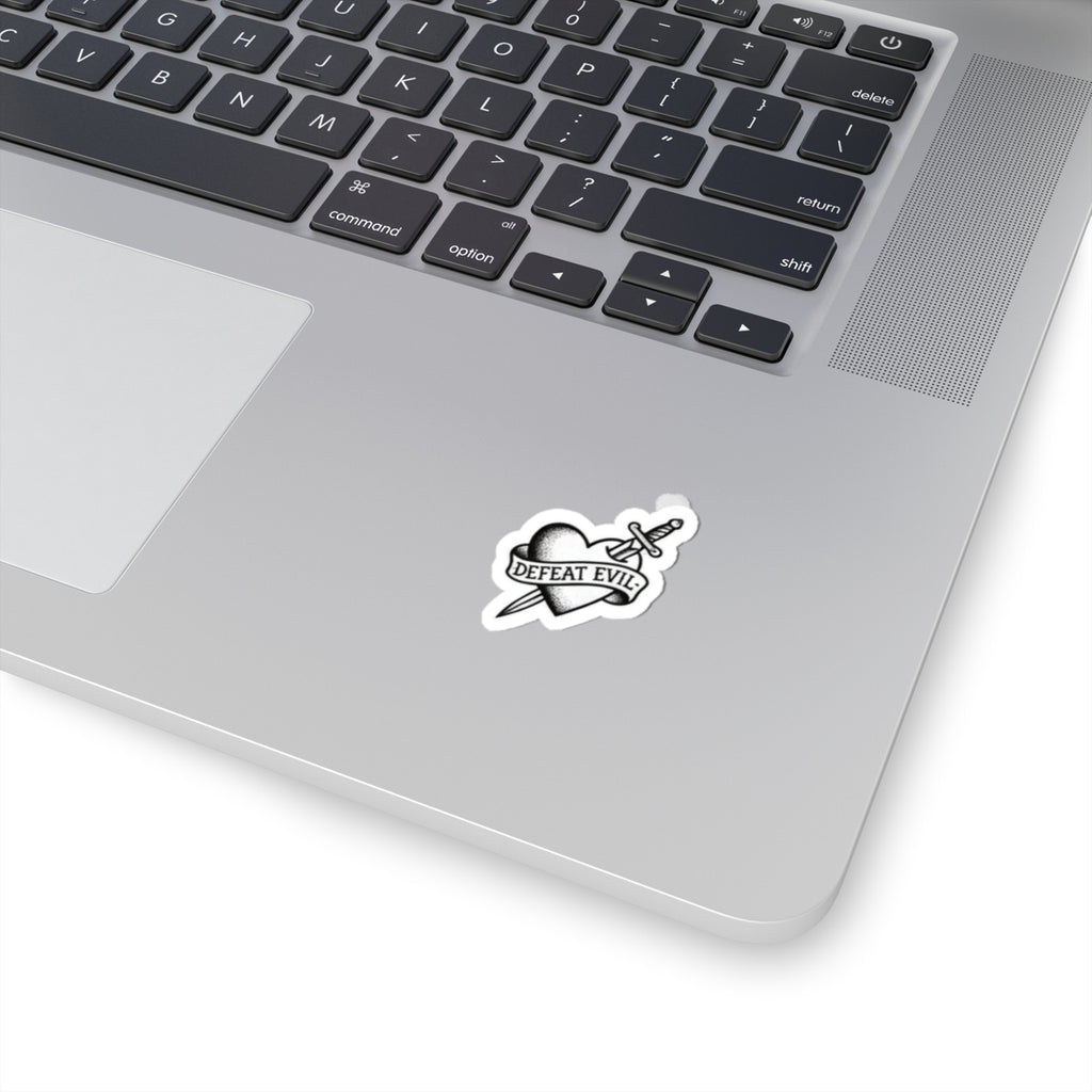 Kiss-Cut Sticker — Retro Heart & Dagger “Defeat Evil” Tattoo Design