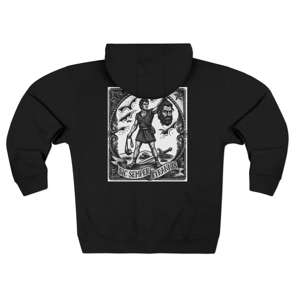 Zip Hoodie — Retro Mythic Graphic “Sic Semper Tyrannis” Back Print