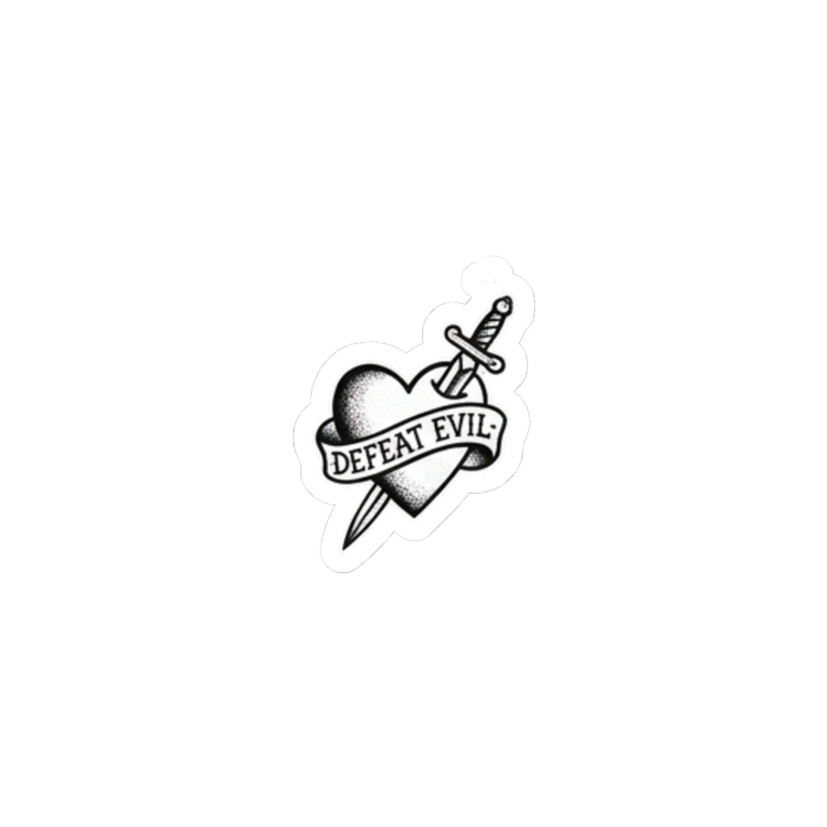 Kiss-Cut Sticker — Retro Heart & Dagger “Defeat Evil” Tattoo Design